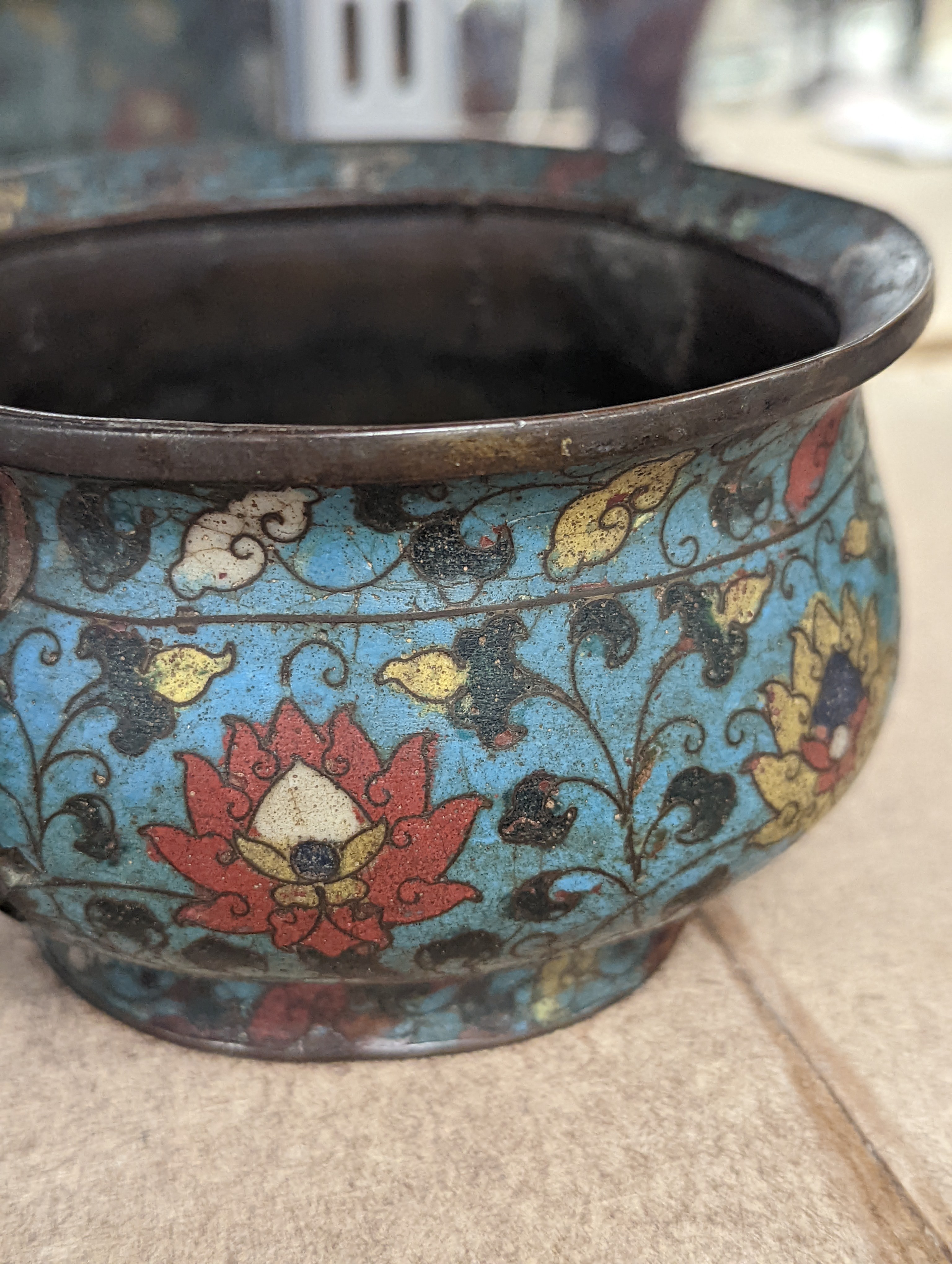 A Chinese late Ming dynasty bronze and cloisonné enamel ding censer 18cm